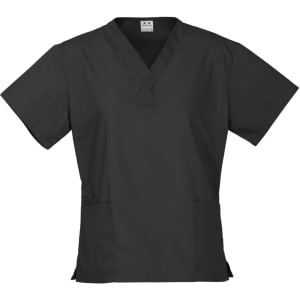A black women's scrub top featuring a V-neck design and short sleeves with two front pockets. It includes a logo.