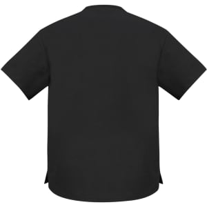 A black women's scrub top featuring short sleeves and a classic design, with a logo on the back.