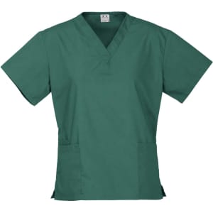 A teal scrub top with short sleeves, featuring a V-neck and two front pockets. Includes a logo.