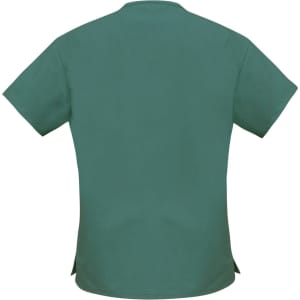 A green classic women's scrub top with short sleeves and a straight hem, featuring a logo on the back.