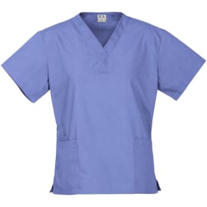 A short-sleeved scrub top in a light blue colour with a V-neck and two front pockets. It features a logo.