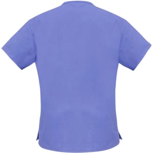 A purple women's scrub top featuring short sleeves and a relaxed fit, with a subtle logo.