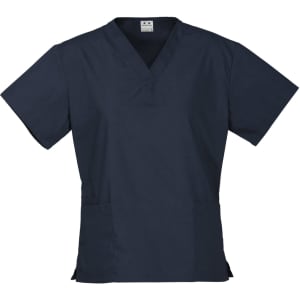 A navy scrub top featuring short sleeves and a V-neck design, with front pockets and a logo.