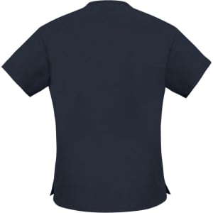 A navy blue women's scrub top with short sleeves and a back view. It features a logo on the back.