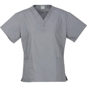 A grey women's scrub top with short sleeves and a v-neck design, featuring two front pockets and a logo.