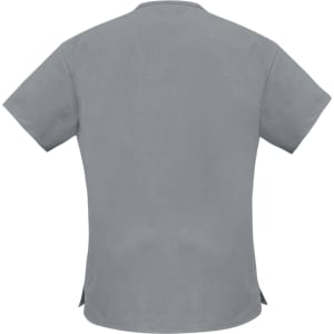 A grey women's scrub top with short sleeves and a curved hemline. It features a logo on the back.