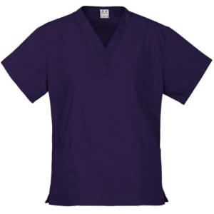 A purple scrub top with a v-neck design and short sleeves, featuring side pockets and a branding logo.