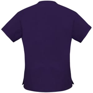 A purple women's scrub top featuring short sleeves and a simple design, with a logo on the side.