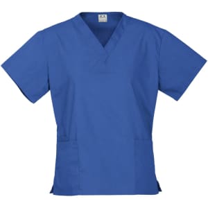A blue classic women's scrub top with short sleeves and a v-neck design, featuring two front pockets and a logo.