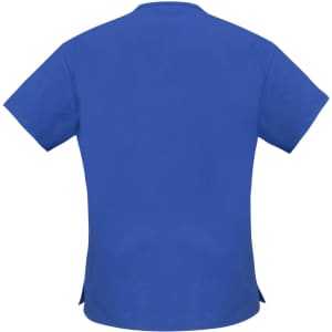 A blue classic women's scrub top with a simple design and short sleeves, featuring a logo on the back.