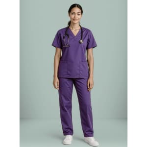A women's scrub top in purple, featuring short sleeves and a V-neck design, paired with matching trousers.