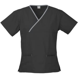 A black scrub top featuring a contrast crossover design and short sleeves, with pockets and a logo.