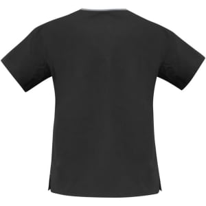 A black women's scrub top with a classic design and crossover neckline, featuring short sleeves and side vents.