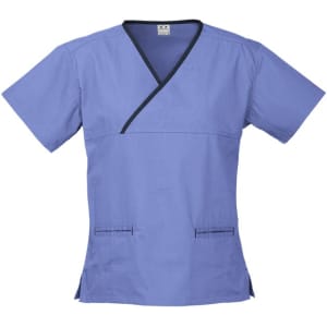 Classic women's scrub top in light blue with black contrast detailing and pockets. Features a crossover neck design and logo.