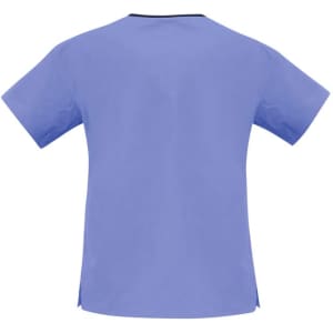 A blue scrub top with short sleeves and a contrasting neckline, featuring a logo.