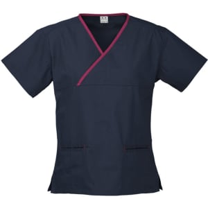 Classic women's scrub top in navy with contrast pink accents and a crossover design. Includes a logo.