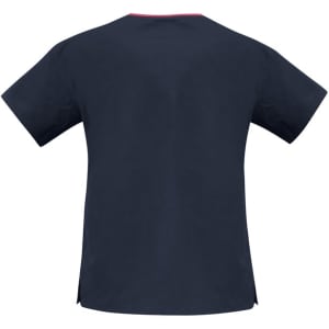 A dark navy scrub top with short sleeves and a contrast neckline. Features side slits and a branded logo.