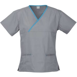 A grey scrub top with contrast turquoise detailing and a crossover design, featuring short sleeves and pockets.