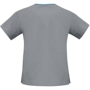 A grey women's scrub top featuring a contrast crossover design and a logo on the back.