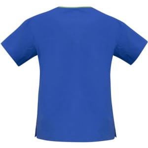 A blue women's scrub top featuring a contrast neckline and short sleeves, with a logo on the fabric.