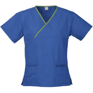 Classic women's scrub top in blue with green contrast detailing. Features a crossover design and two pockets.