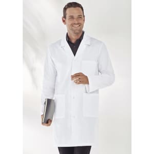A white unisex classic lab coat with a notched collar and front pockets, worn by a smiling model holding a clipboard.