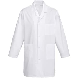 A white unisex classic lab coat with long sleeves and multiple pockets, featuring a logo.