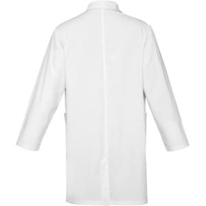 A white unisex classic lab coat with long sleeves and a back vent, featuring two side pockets.