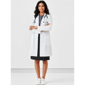A unisex classic lab coat in white, worn by a person standing with arms crossed, featuring pockets and a stethoscope.