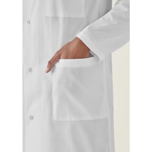 A white unisex classic lab coat with a pocket and button details. The fabric appears lightweight and smooth.