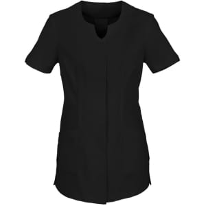 A black women's tunic featuring short sleeves, a round neckline, and two front pockets. It has a logo.