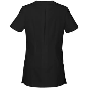 A black women's tunic with short sleeves and a back slit, featuring a simple and sleek design.