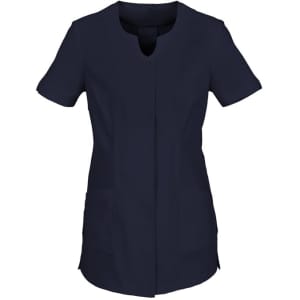 A navy blue women's tunic with short sleeves and side pockets, featuring a rounded neckline and a minimalist design.