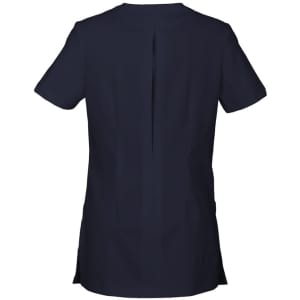 A navy women's tunic featuring short sleeves and a back vent, designed for uniforms. It has a subtle brand logo.