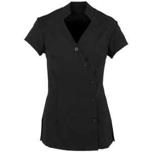 A black women's crossover tunic featuring short sleeves and a buttoned front. It has a sleek, tailored design.