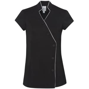 A black crossover tunic with short sleeves and white piping, featuring a button closure and logo.