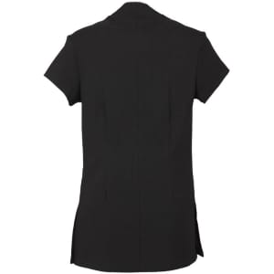 A black women's crossover tunic with short sleeves and side slits, featuring a subtle logo on the back.