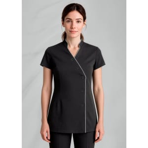 A black women's crossover tunic with a slim fit, featuring short sleeves and white trim, has a logo on the left side.