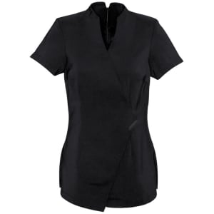 A black spa women's tunic with a modern, short sleeve design and a crossover front. Features a side split and a logo.