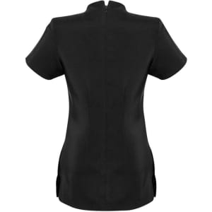 A black women's tunic featuring short sleeves and a back zip, designed for spa uniforms. It has side slits for ease of movement.