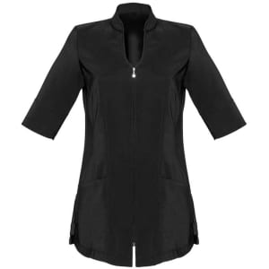 A black women's tunic featuring a zip front, three-quarter sleeves, and two front pockets.