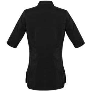 A black women's tunic with three-quarter sleeves and a fitted design, featuring a back view. It has a logo.