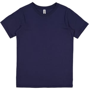 A plain navy blue short sleeve tee for kids, featuring a simple design and a logo on the label.