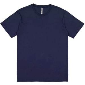 A navy short sleeve tee with a round neckline and a label, featuring a plain design and no visible graphics.