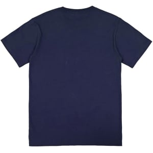 A navy blue men's short sleeve t-shirt with a simple design and a logo on the front.
