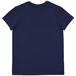 A navy blue short sleeve women's t-shirt featuring a simple design and a logo on the back.
