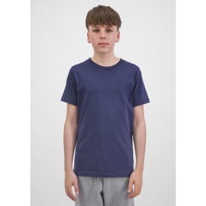 A youth short sleeve tee in navy blue, displayed on a model standing against a plain background, with a logo visible.