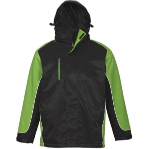 A unisex jacket in black with green accents and a hood, featuring a logo on the front.