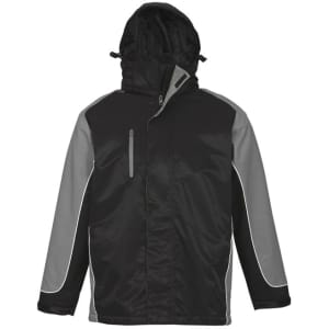 A unisex jacket in black with grey accents, featuring a hood and zippered pockets. It has a logo on it.