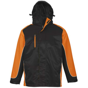 A black and orange unisex jacket featuring a hood and zippered pockets, with a logo present.